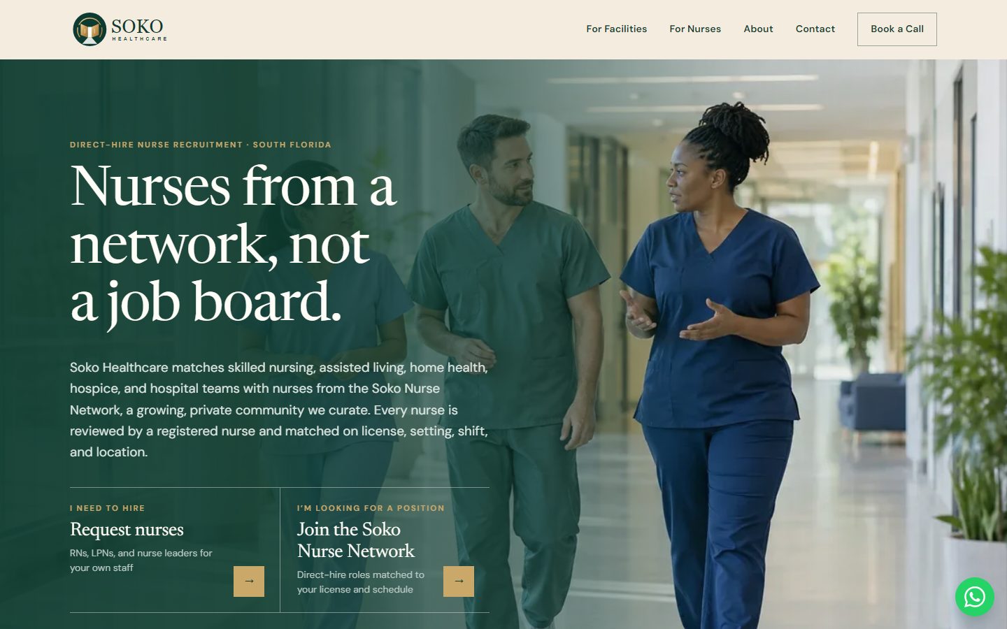 Soko Healthcare homepage: direct-hire nurse recruitment in South Florida, with Request nurses and Join the Soko Nurse Network paths.